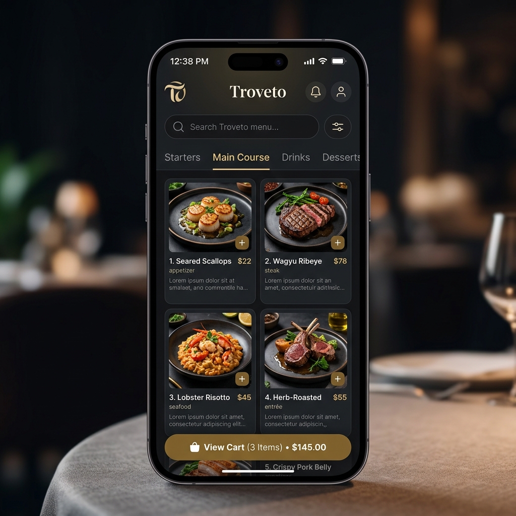 Troveto QR Digital Menu Customer Interface - Seamless Ordering